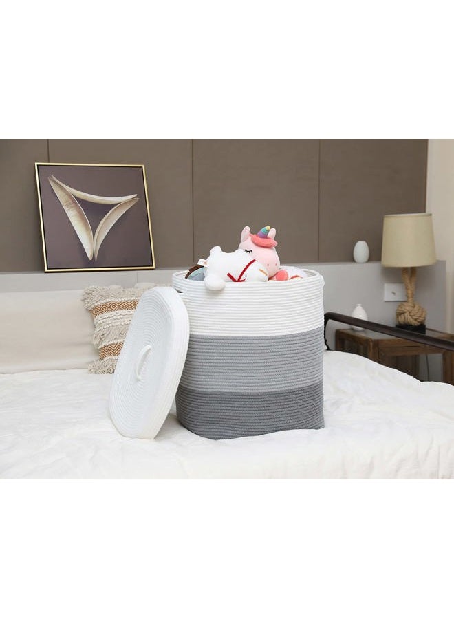 Cottonphant سلة تخزين مستطيلة كبيرة جداً 16”x16”x20” مع غطاء، سلال تخزين من حبل القطن، سلة غسيل، صندوق قماش، لتخزين الملابس والمناشف والبطانيات في غرفة المعيشة، رمادي فاتح/رمادي - Image 5