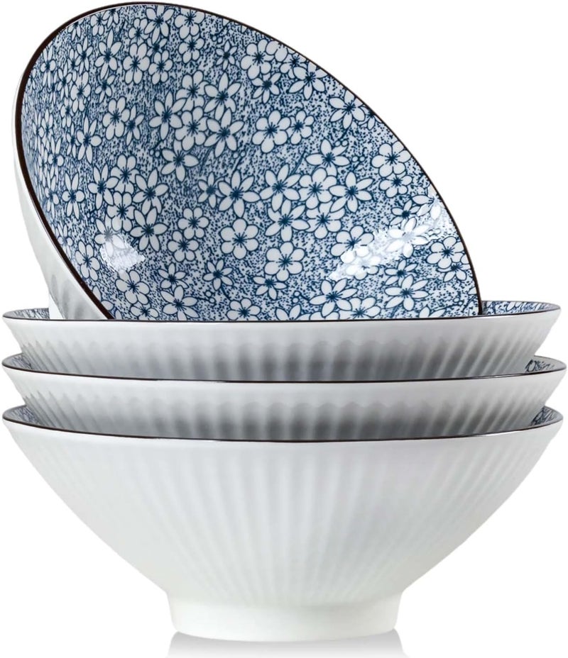 QINLANG 38 oz Japanese Ramen Pho Noodle Bowls  8 in Blue and White Ceramic Bowls Set of 4 Floral Pattern - Image 1