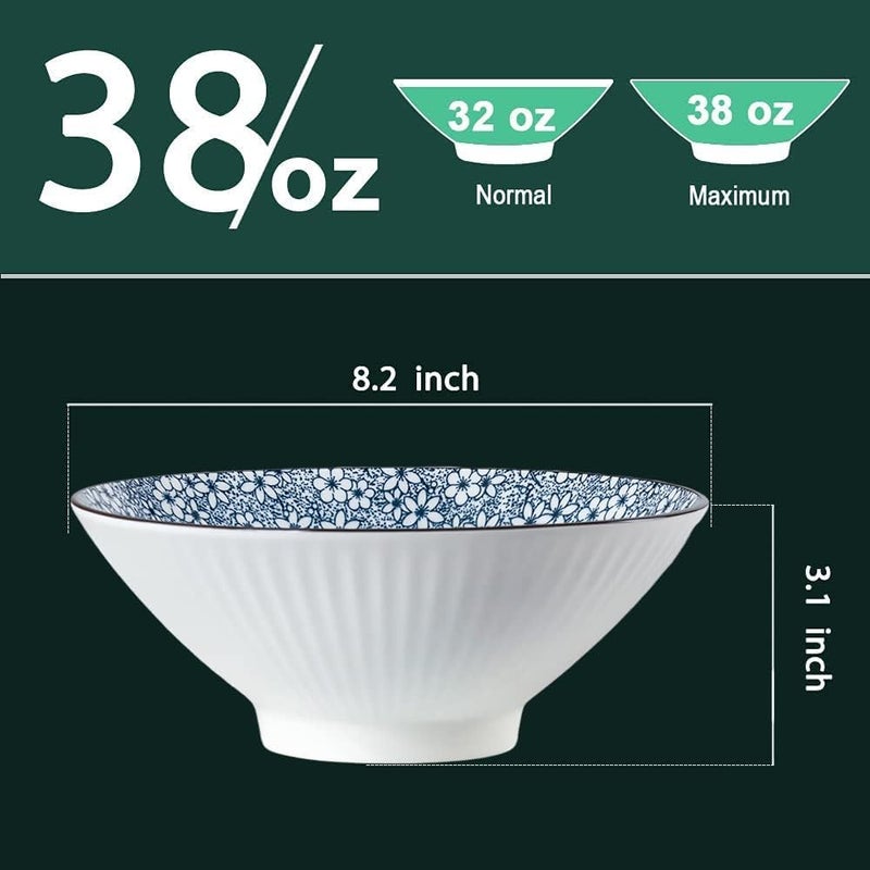 QINLANG 38 oz Japanese Ramen Pho Noodle Bowls  8 in Blue and White Ceramic Bowls Set of 4 Floral Pattern - Image 2