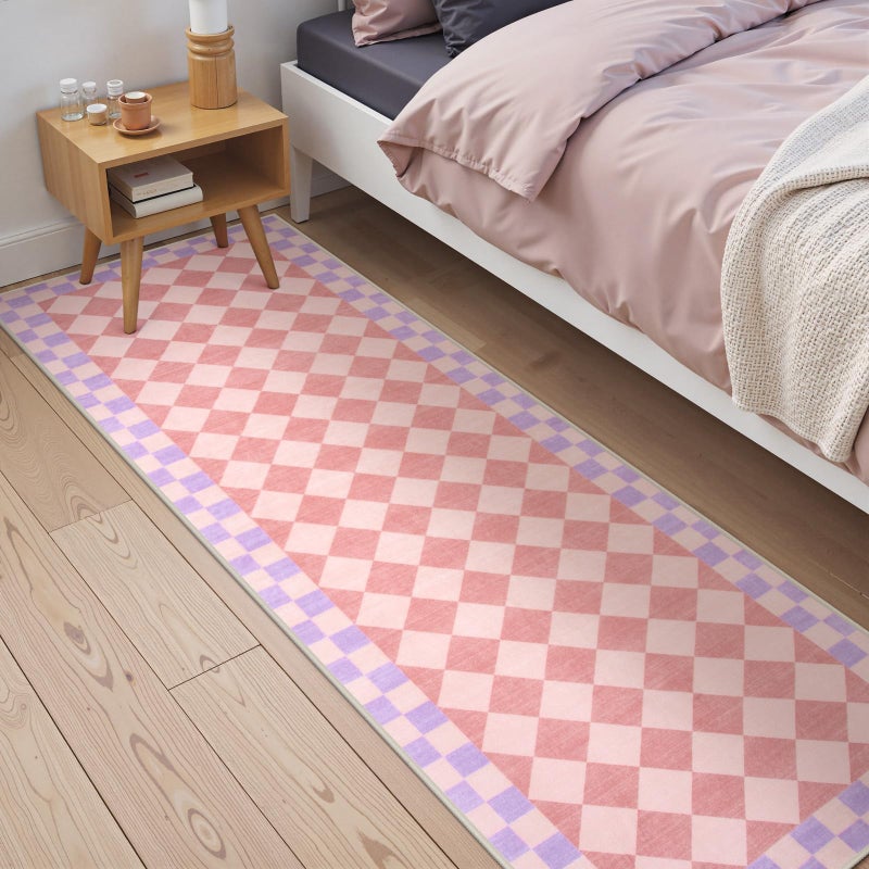 Morebes Checkered Rug Runner for Hallways 2x7  Washable Bathroom Runner Rug Pink Rug for Bedroom Non Slip  Soft Checkerboard Indoor Carpet for Nursery Kids Room Kitchen - Image 1