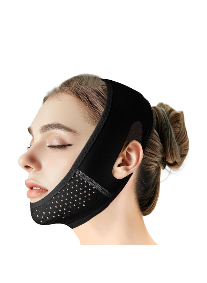 قناع رفع على شكل حرف V قابل لإعادة الاستخدام مع حزام للفك، قناع وجه على شكل V للترهل، جهاز تمرين الفك (أسود) - Image 1