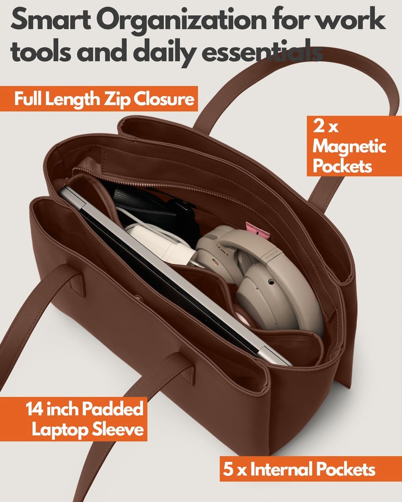 Apryl Work Tote Bags for Women 14 Inch - Work Bag Laptop Bag with Zip Compartments - Large PU Leather Office Purse Computer Briefcase - Chocolate Brown - Image 4