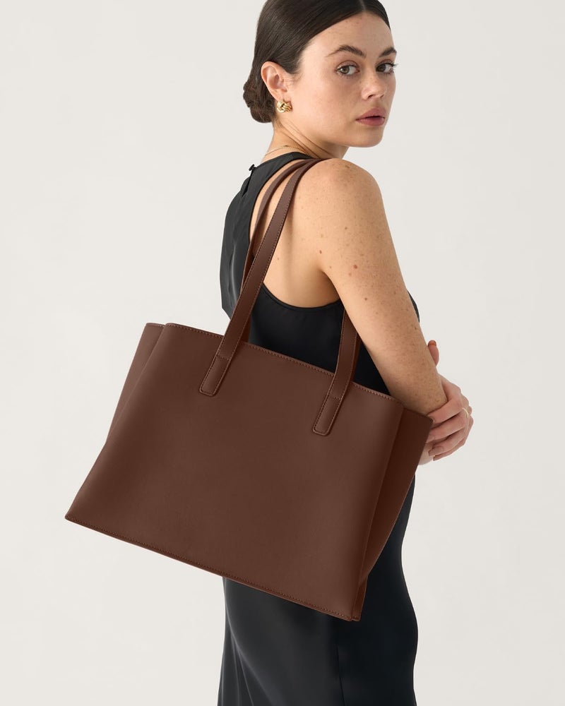 Apryl Work Tote Bags for Women 14 Inch - Work Bag Laptop Bag with Zip Compartments - Large PU Leather Office Purse Computer Briefcase - Chocolate Brown - Image 2