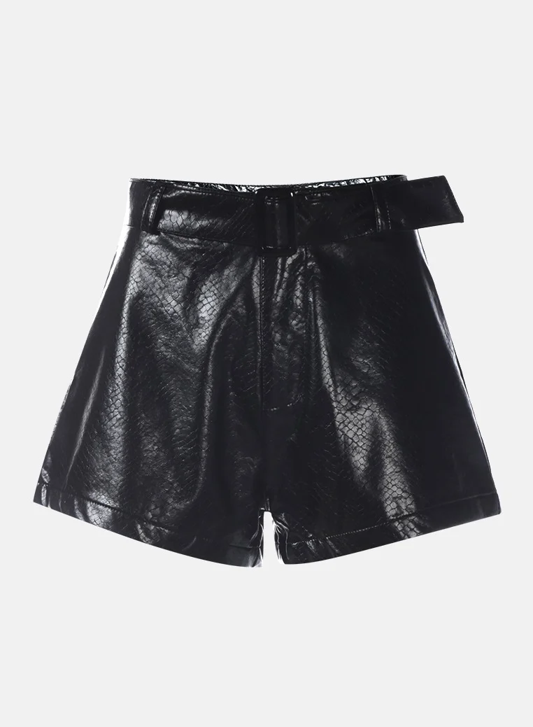 London Rag Textured Faux Leather Belted Black Shorts