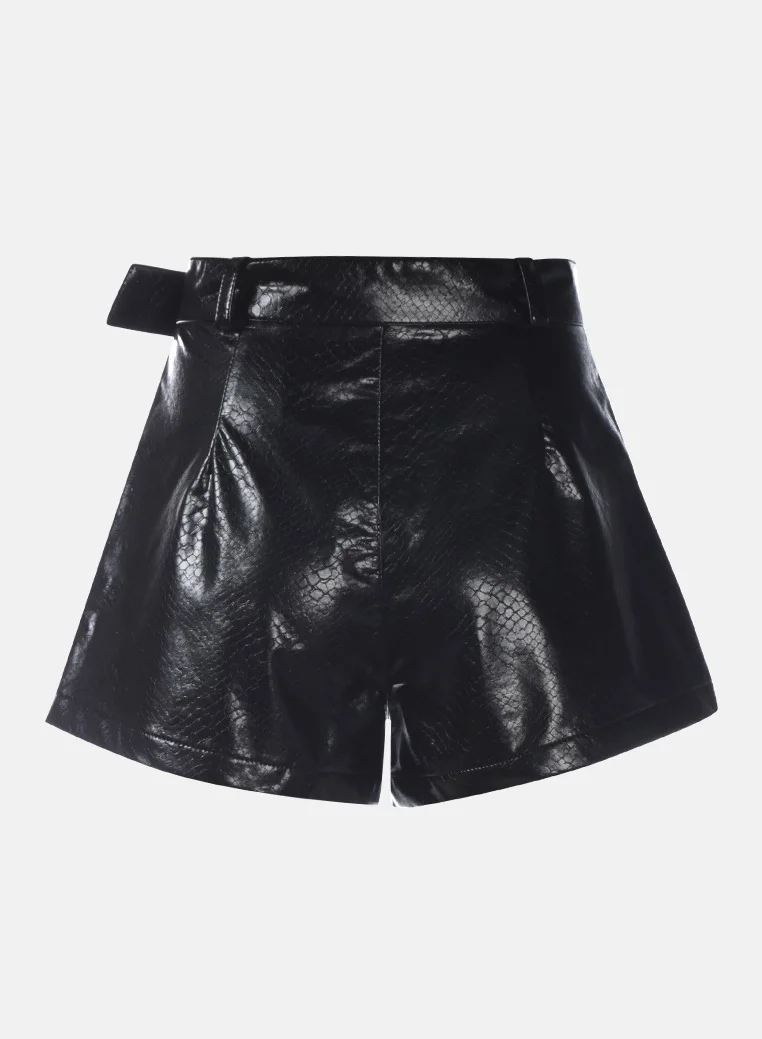 London Rag Textured Faux Leather Belted Black Shorts