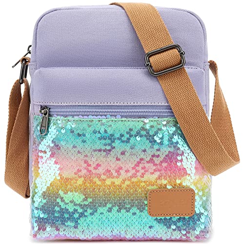 Leaper Girls Crossbody Purses 2 PCS Sequin Messenger Bag Canvas Crossbody Bag and Purse Set for Women Glitter Rainbow Purple - Image 1