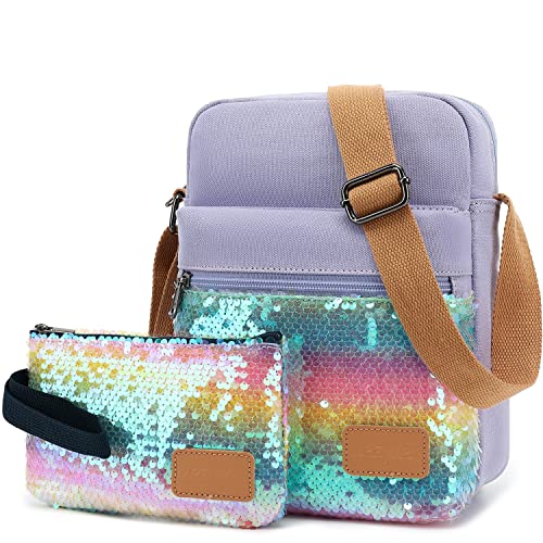 Leaper Girls Crossbody Purses 2 PCS Sequin Messenger Bag Canvas Crossbody Bag and Purse Set for Women Glitter Rainbow Purple - Image 2