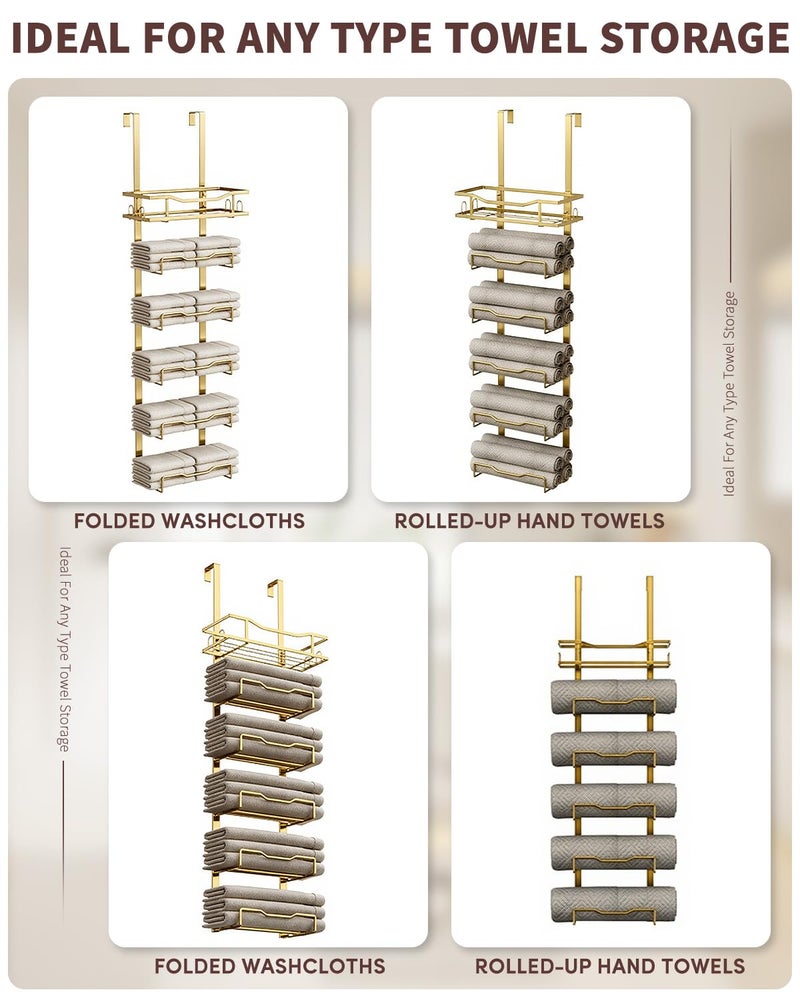 Aetyord Hanging Towel Racks for Bathroom No Drill - 6-Tier Over The Door Bath Towel Storage Organizer for Small Bathrooms - Tiered Back of Door Towel Holder Hanger for Rolled Towels RV Camper Gold - Image 5