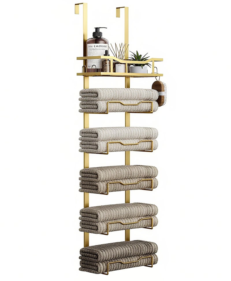 Aetyord Hanging Towel Racks for Bathroom No Drill - 6-Tier Over The Door Bath Towel Storage Organizer for Small Bathrooms - Tiered Back of Door Towel Holder Hanger for Rolled Towels RV Camper Gold - Image 1