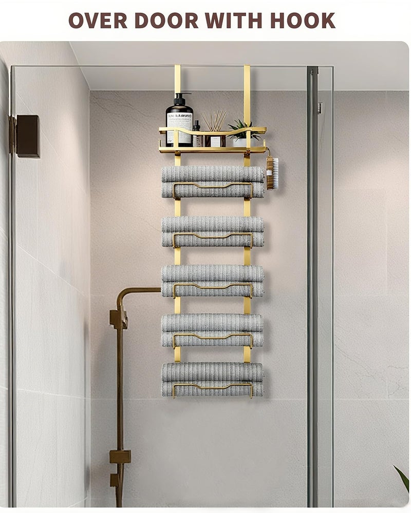 Aetyord Hanging Towel Racks for Bathroom No Drill - 6-Tier Over The Door Bath Towel Storage Organizer for Small Bathrooms - Tiered Back of Door Towel Holder Hanger for Rolled Towels RV Camper Gold - Image 3