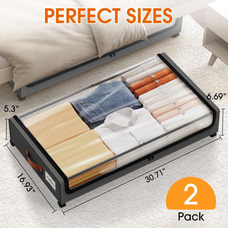 SpaceHacks Under Bed Storage with Wheels 2Pack Storage Containers with Clear Window&Label Under Bed Drawers Rolling Under Bed Storage for Clothes,Shoes, Blankets (30.71 x 16.93 x 6.69 in, Dark Grey) - Image 2