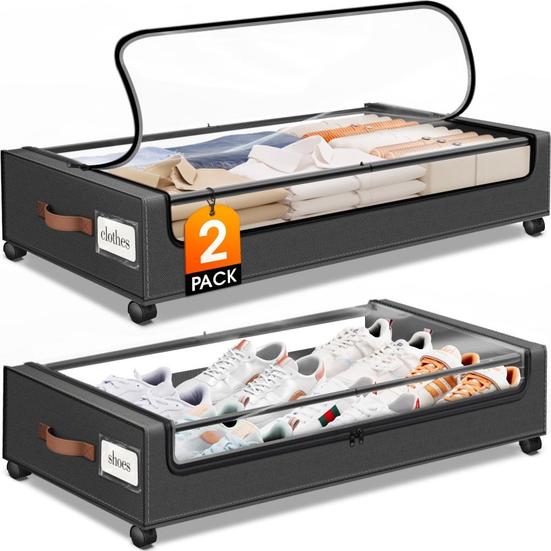 SpaceHacks Under Bed Storage with Wheels 2Pack Storage Containers with Clear Window&Label Under Bed Drawers Rolling Under Bed Storage for Clothes,Shoes, Blankets (30.71 x 16.93 x 6.69 in, Dark Grey) - Image 1