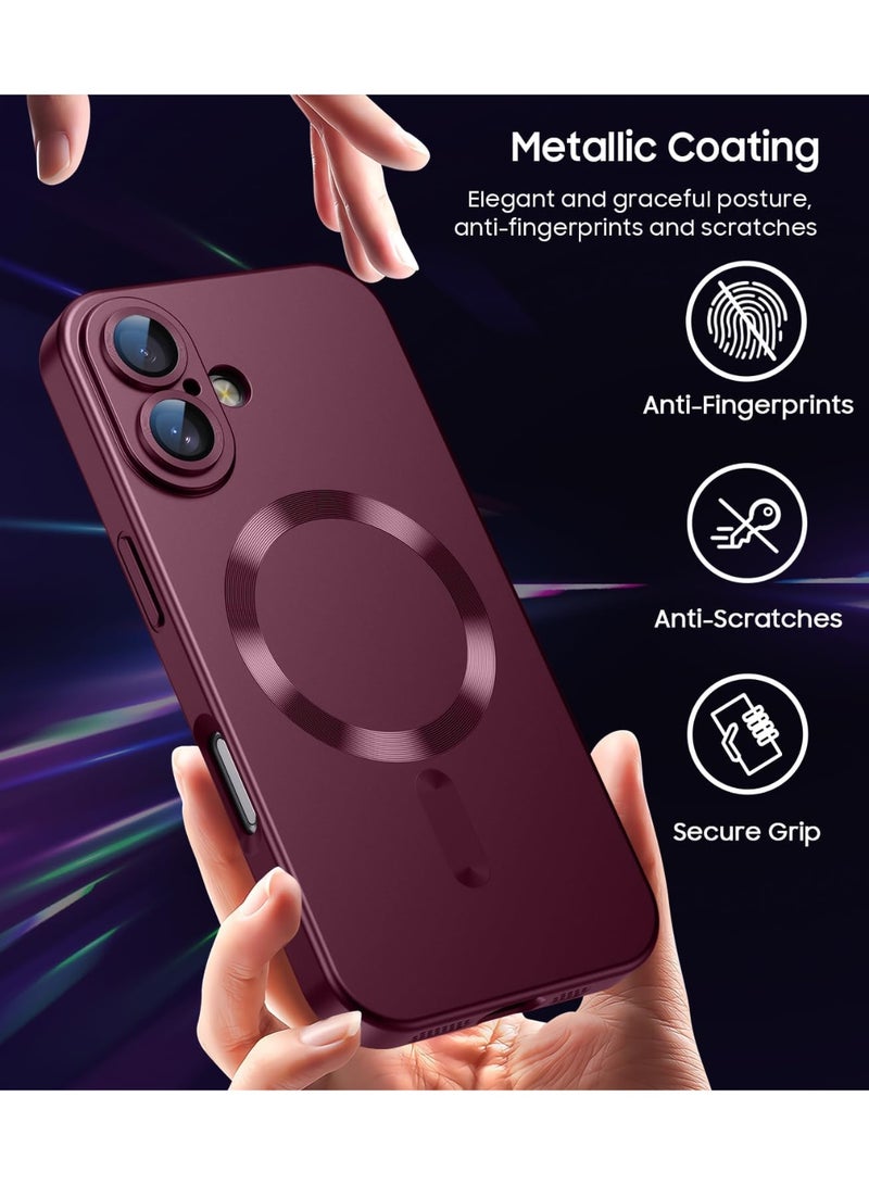 Magnetic for iPhone 16 Plus Case [Compatible with MagSafe][Built-in Camera Lens Protector] Slim Soft Silicone Bumper Shockproof Metallic Luster Phone Case (wine red) - Image 3