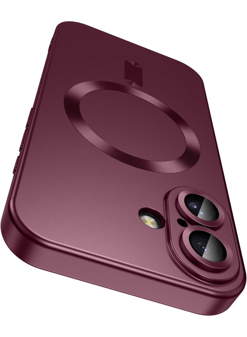 Magnetic for iPhone 16 Plus Case [Compatible with MagSafe][Built-in Camera Lens Protector] Slim Soft Silicone Bumper Shockproof Metallic Luster Phone Case (wine red) - Image 1