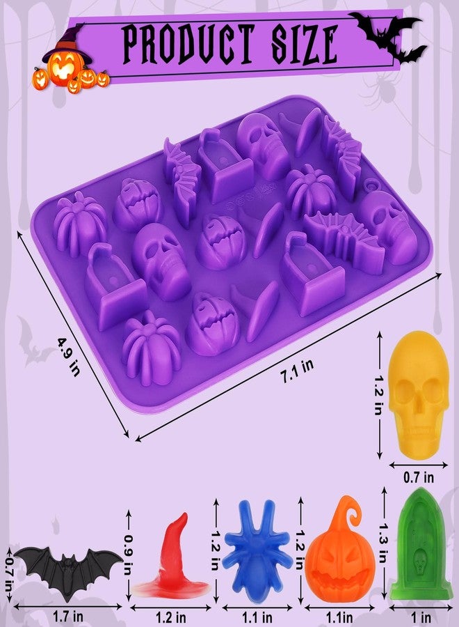 KINYFY 2 Pack Halloween Silicone Molds, Halloween Chocolate Molds, 3D Spider Skull Pumpkin Bat Mold for DIY Gummies Jello Ice Cube Jelly Chocolate Candy Cakes Decorations (Purple) - Image 2