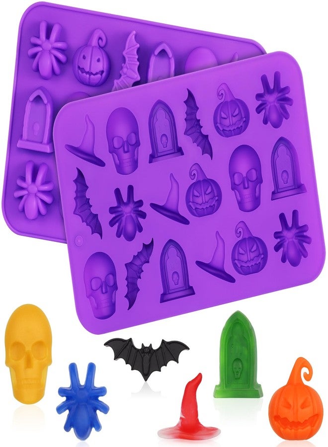 KINYFY 2 Pack Halloween Silicone Molds, Halloween Chocolate Molds, 3D Spider Skull Pumpkin Bat Mold for DIY Gummies Jello Ice Cube Jelly Chocolate Candy Cakes Decorations (Purple) - Image 1