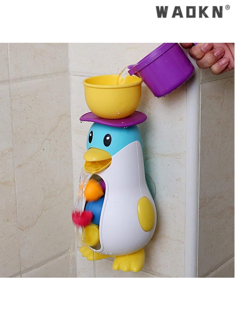 WAOKN Bathtub Toys for Toddlers Kids 1 2 3 4,Ducky Penguin Waterwheel Bath Toys for Boys Girls Preschool Bath Toy,Bathroom Strong Suckers Water Scoop (Penguin Waterwheel Bath Toys) - Image 2