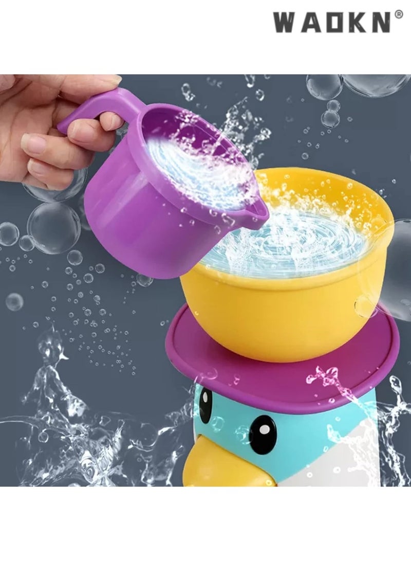 WAOKN Bathtub Toys for Toddlers Kids 1 2 3 4,Ducky Penguin Waterwheel Bath Toys for Boys Girls Preschool Bath Toy,Bathroom Strong Suckers Water Scoop (Penguin Waterwheel Bath Toys) - Image 4