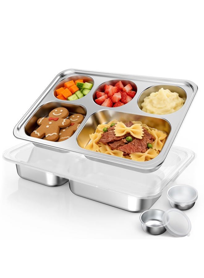 Bakpoco 2 Packs Stainless Steel Snack Containers with Lids, Metal Lunch Bento Box Lunchabloe Storage for Kids Adults, Reusable Meal Prep Food Containers, Portion Control Divided Plates 5 Compartments - Image 1
