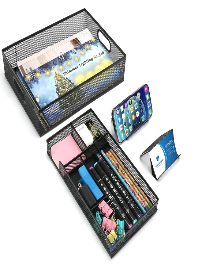 EsOfficce Drawer Organizers, 3 Sets Metal Mesh Desk Drawer Organizer Trays, 2 Desktop Organizers with 2 Pcs Phone Brand Card Holders, Desk Drawer Box Tray for Office, Bathroom, Kitchen, Makeup, Vanity - Image 1