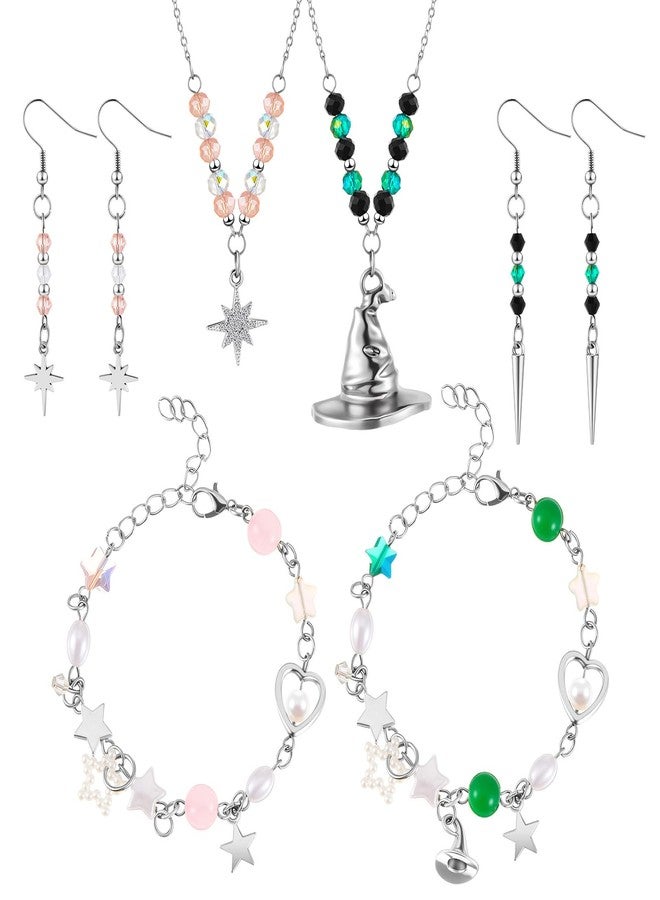 تونديامو مجموعة مجوهرات تونديمو المكونة من 8 قطع، بتصميم أميرة ساحرة، تجمع بين الأناقة والصداقة، باللونين الوردي والأخضر، تتضمن أساور وأقراط وقلائد، بالإضافة إلى تعليقة كريستالية على شكل قبعة ساحرة ونجمة سداسية. هدية مثالية للأصدقاء المقربين. - Image 1