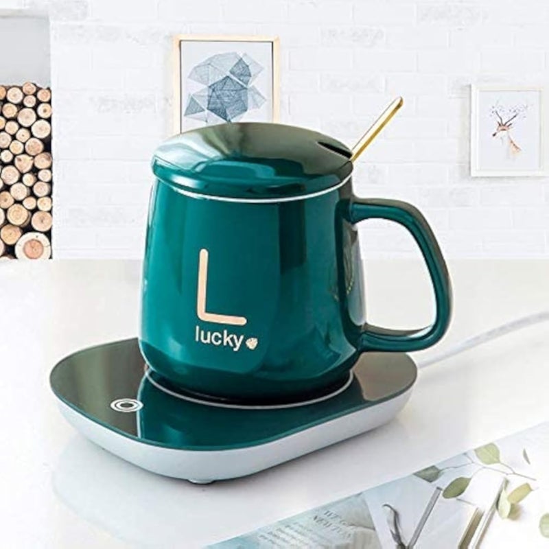 سخان أكواب قهوة VIO مع كوب، سخان أكواب قهوة للمكتب مع خاصية الإيقاف التلقائي، سخان مشروبات كهربائي للحفاظ على دفء الكاكاو والشاي والماء والحليب، كوب وملعقة (أخضر)