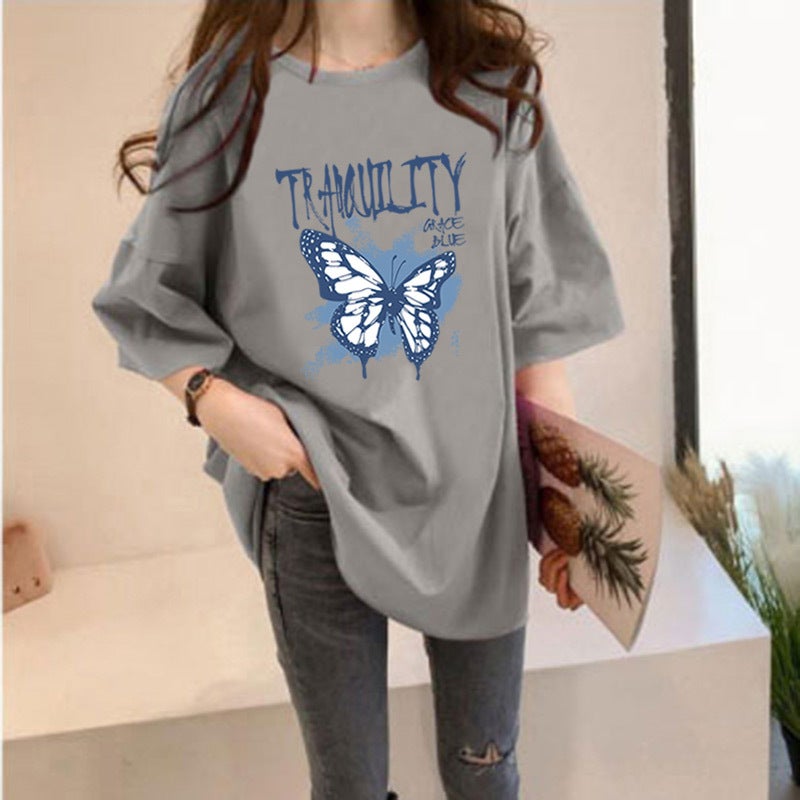 Spring and Autumn printed short sleeve milk silk loose round neck blue fresh sweet thin pullover high-end T-shirt - Image 5