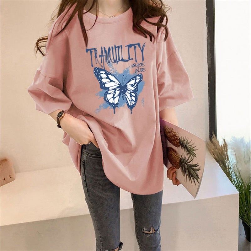 Spring and Autumn printed short sleeve milk silk loose round neck blue fresh sweet thin pullover high-end T-shirt - Image 3