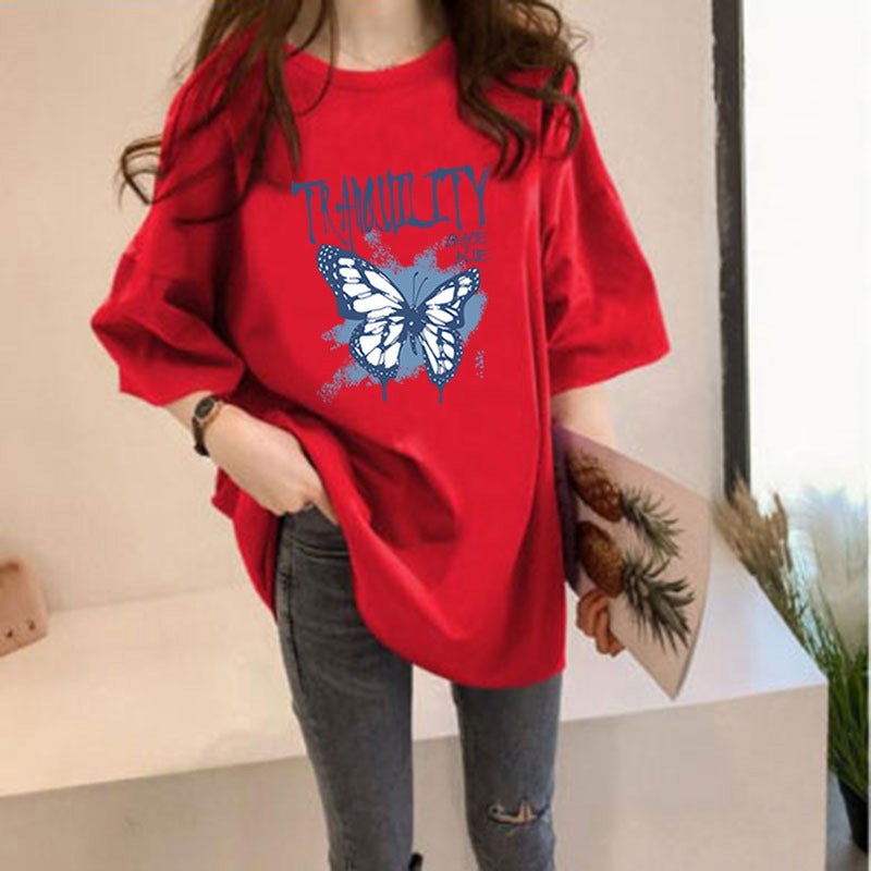 Spring and Autumn printed short sleeve milk silk loose round neck blue fresh sweet thin pullover high-end T-shirt - Image 4