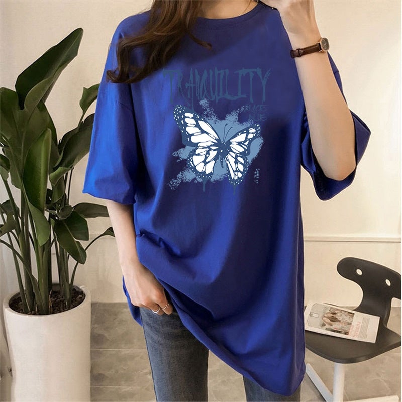 Spring and Autumn printed short sleeve milk silk loose round neck blue fresh sweet thin pullover high-end T-shirt - Image 2