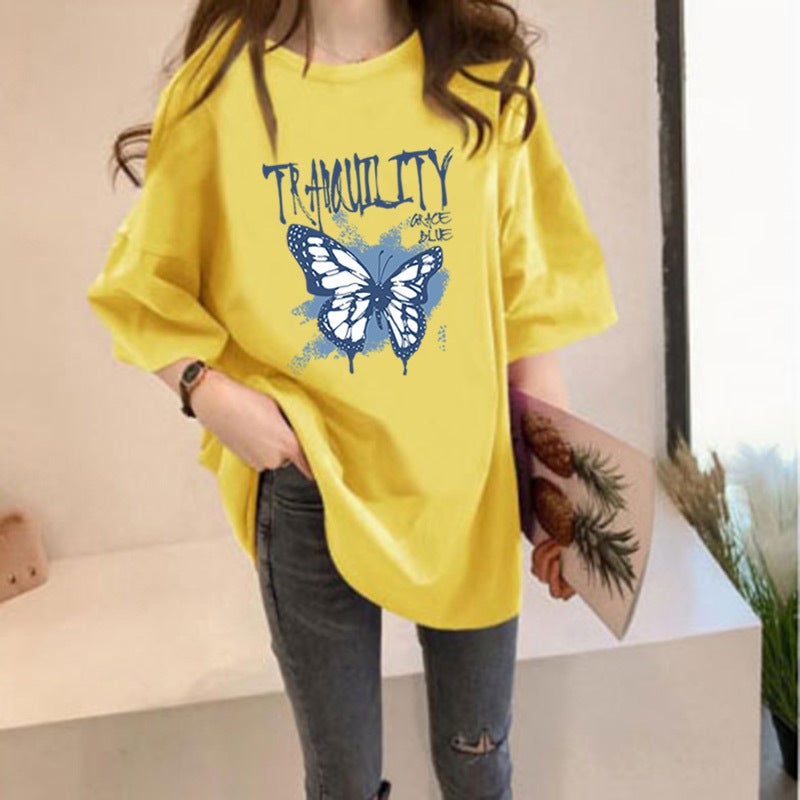 Spring and Autumn printed short sleeve milk silk loose round neck blue fresh sweet thin pullover high-end T-shirt - Image 1