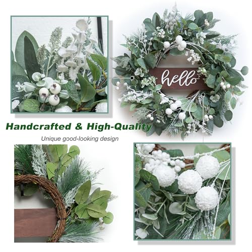 Soomeir Winter Wreaths Front Door, Soomeir 24 Inch Winter Door Wreath with Snow Leaves, Pines Needles and Hello Wooden Sign for Home Window Mantle Indoor Outdoor Decor - Image 3