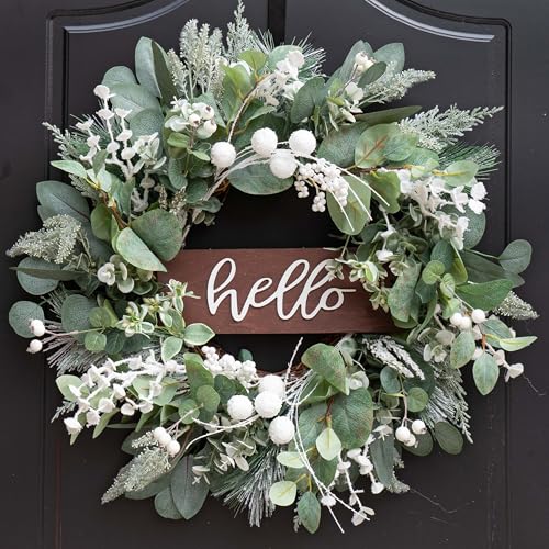 Soomeir Winter Wreaths Front Door, Soomeir 24 Inch Winter Door Wreath with Snow Leaves, Pines Needles and Hello Wooden Sign for Home Window Mantle Indoor Outdoor Decor - Image 1
