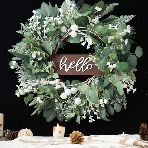 Soomeir Winter Wreaths Front Door, Soomeir 24 Inch Winter Door Wreath with Snow Leaves, Pines Needles and Hello Wooden Sign for Home Window Mantle Indoor Outdoor Decor - Image 5
