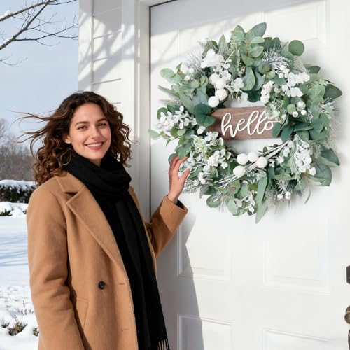 Soomeir Winter Wreaths Front Door, Soomeir 24 Inch Winter Door Wreath with Snow Leaves, Pines Needles and Hello Wooden Sign for Home Window Mantle Indoor Outdoor Decor - Image 2