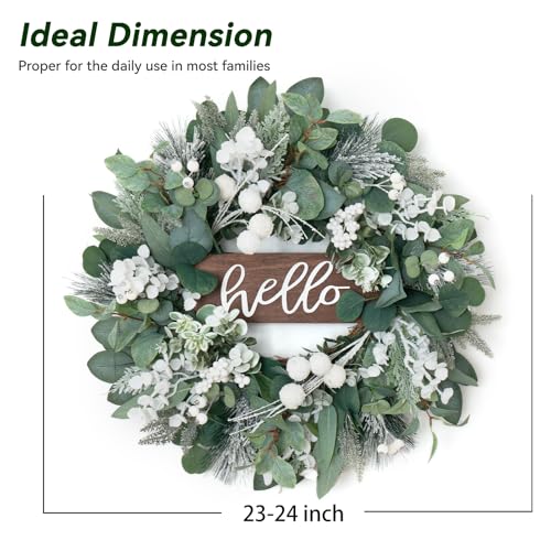 Soomeir Winter Wreaths Front Door, Soomeir 24 Inch Winter Door Wreath with Snow Leaves, Pines Needles and Hello Wooden Sign for Home Window Mantle Indoor Outdoor Decor - Image 4