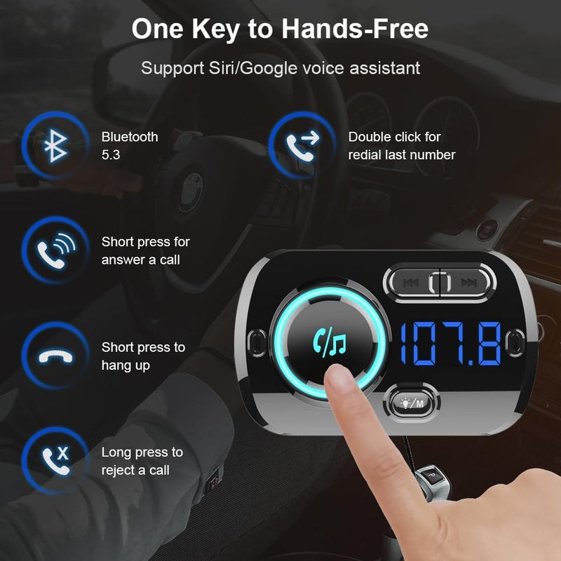 SONRU Bluetooth FM Transmitter 5.0 with QC3.0 USB Car Charger and Colorful LED Display - Image 2
