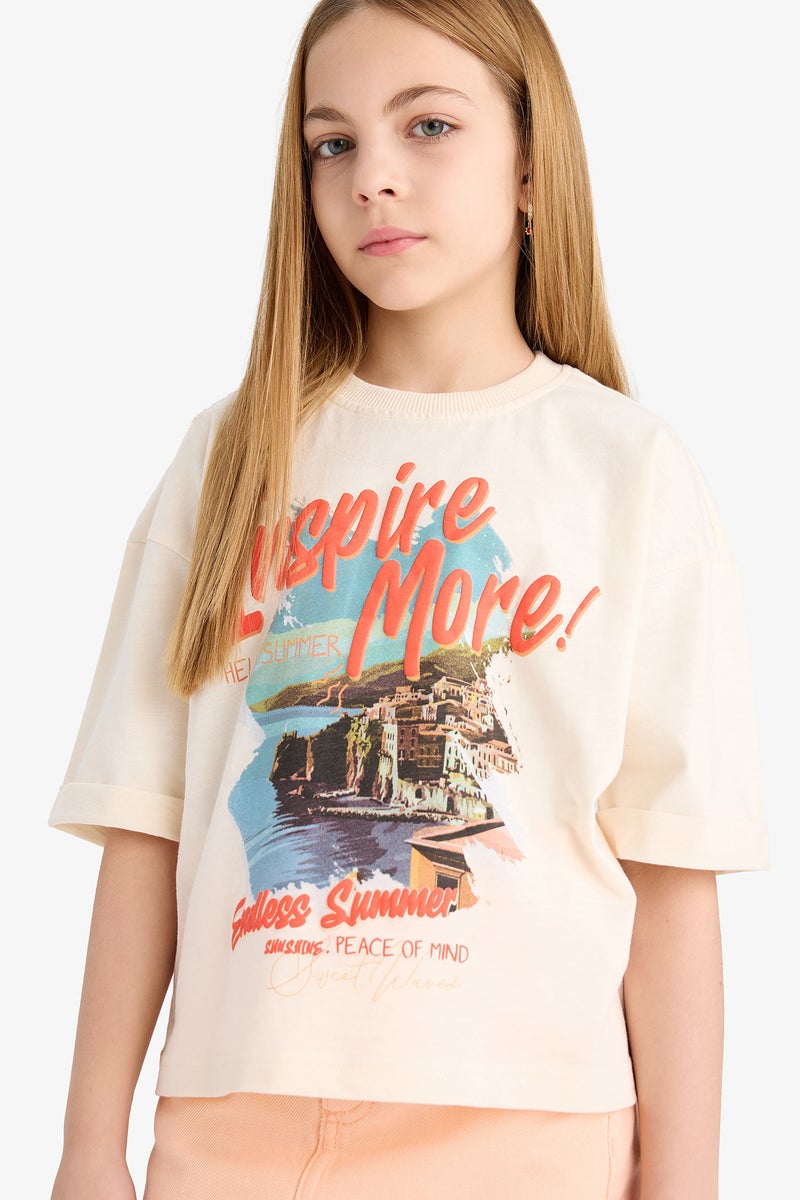 DeFacto Beige Girl Girl Oversize Crew Neck Printed Short Sleeve T-Shirt Casual - Image 1