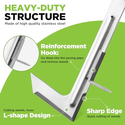 WORKPRO Crack Weeder, 12" Stainless Steel Crevice Weeding Tool with Beech Wood Handle, L-Shaped Side-Walk Weed Puller Spatula, for Garden Lawn Yard Patio Terrace Paving Moss, Small Gardening Tool - Image 3