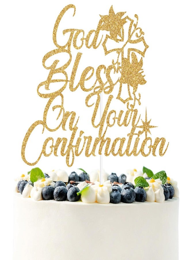 PYBHILK Gold Glitter God Bless on Your Confirmation Cake Topper, First Holy Communion/Mi Confirmation, Spanish Baptism Christening Baby Shower Baby's 1st Birthday Party Decorations Supplies - Image 1