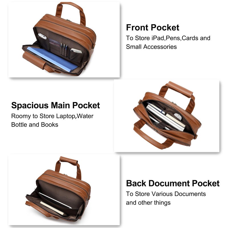 Bosidu Leather Briefcases for Men 15.6 Inch Laptop Messenger Bag with Triple Compartments Water-Resistant Computer Shoulder Bag for Business, Travel, Work, Office, Coffee - Image 2