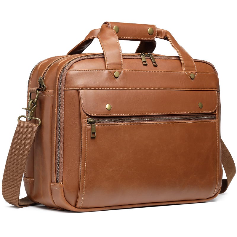 Bosidu Leather Briefcases for Men 15.6 Inch Laptop Messenger Bag with Triple Compartments Water-Resistant Computer Shoulder Bag for Business, Travel, Work, Office, Coffee - Image 1
