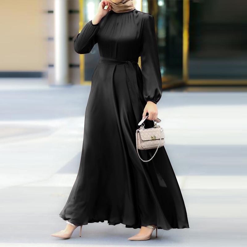 New Style Lantern Sleeves, Round Neck, Loose Waist, Belted Long Dress