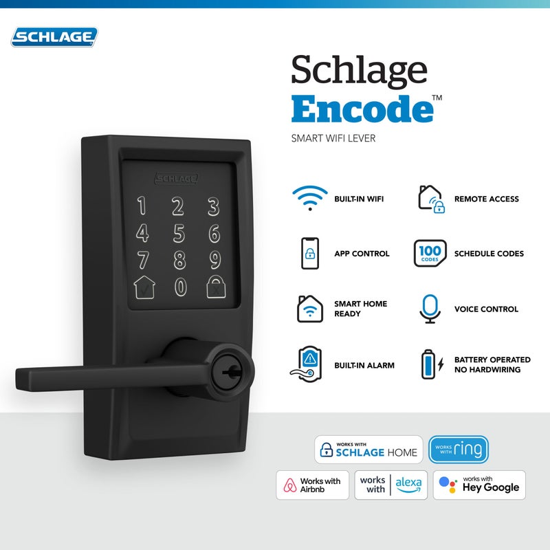 شليدح Schlage Fe789Wbcen622Lat Encode Century Wifi Latitude Lever دخول ذكي بدون مفتاح شاشة لمس قفل باب أسود غير لامع - Image 2