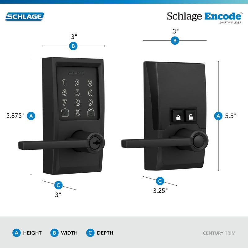 شليدح Schlage Fe789Wbcen622Lat Encode Century Wifi Latitude Lever دخول ذكي بدون مفتاح شاشة لمس قفل باب أسود غير لامع - Image 3