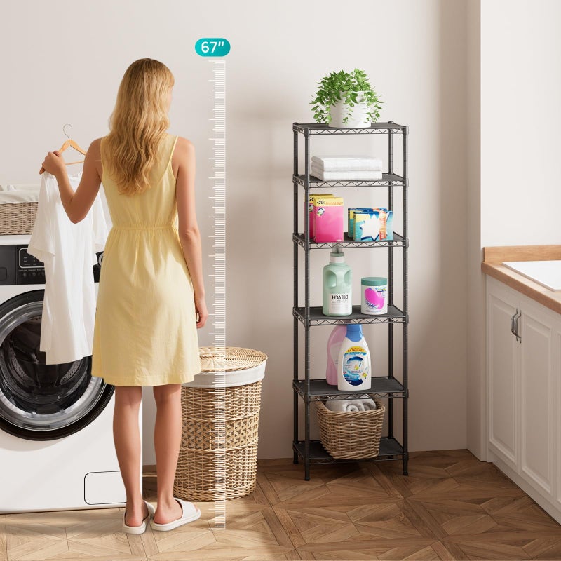 SINGAYE 6 Shelves Bathroom Organizers and Storage Shelf Wire Closet Metal Pantry Kitchen Small Garage Shelving Unit Laundry Room Organization Home Tall Rack Balck 10" D x 16" W x 60â€H - Image 2
