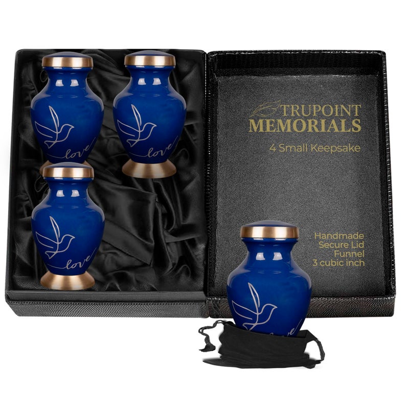 Trupoint Memorials Small Urns for Human Ashes Keepsake Love Dove Bird Decorative Mini Cremation Urn for Adult Men Women Set of 4 Dark Blue