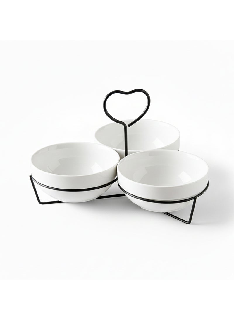 Shallow 3PCS Round Porcelain Bowl Set with Metal Black Stand – 14cm White New Bone China Serving Bowls for Snacks, Dates, Desserts & Festive Hosting | Ramadan, Eid, Diwali, Gifting For Any Occasion - Image 1