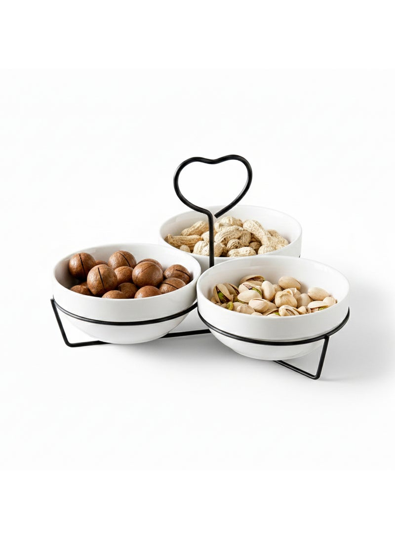 Shallow 3PCS Round Porcelain Bowl Set with Metal Black Stand – 14cm White New Bone China Serving Bowls for Snacks, Dates, Desserts & Festive Hosting | Ramadan, Eid, Diwali, Gifting For Any Occasion - Image 2