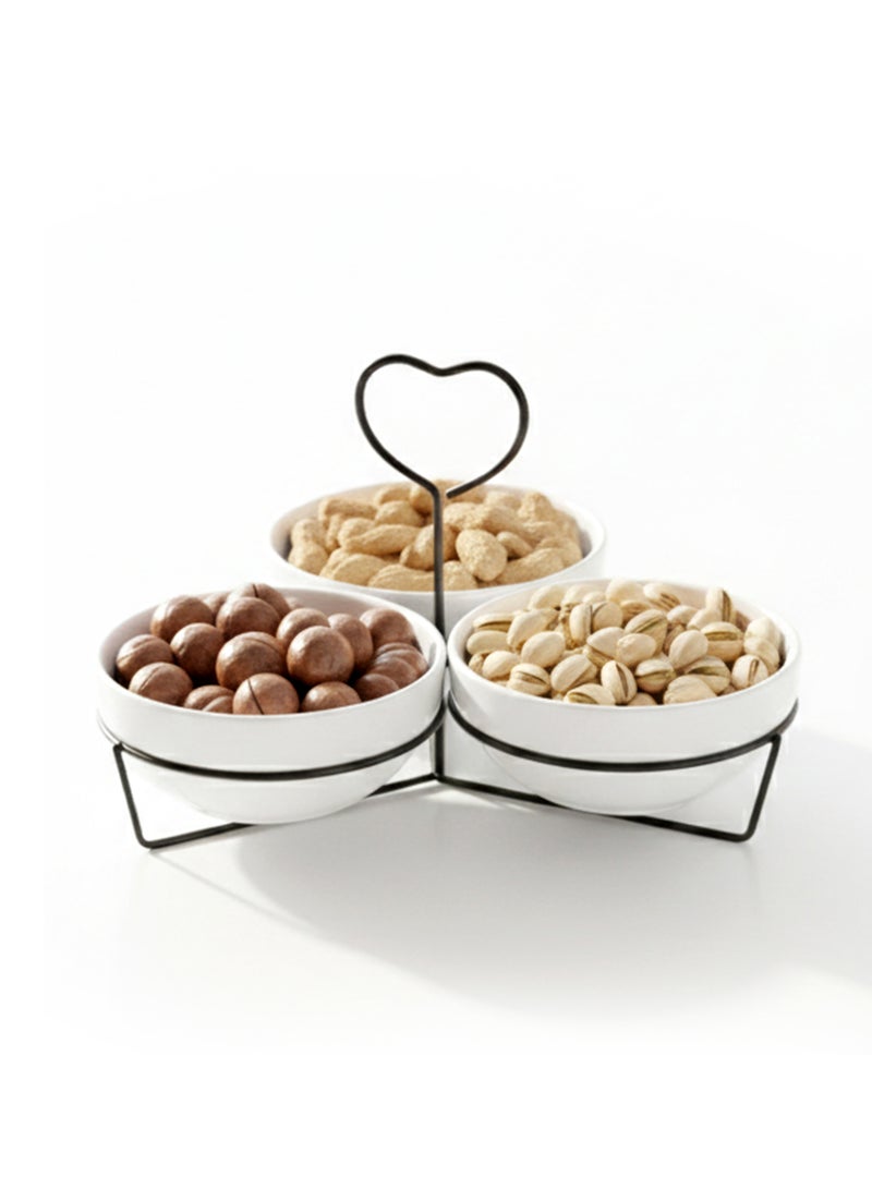 Shallow 3PCS Round Porcelain Bowl Set with Metal Black Stand – 14cm White New Bone China Serving Bowls for Snacks, Dates, Desserts & Festive Hosting | Ramadan, Eid, Diwali, Gifting For Any Occasion - Image 3